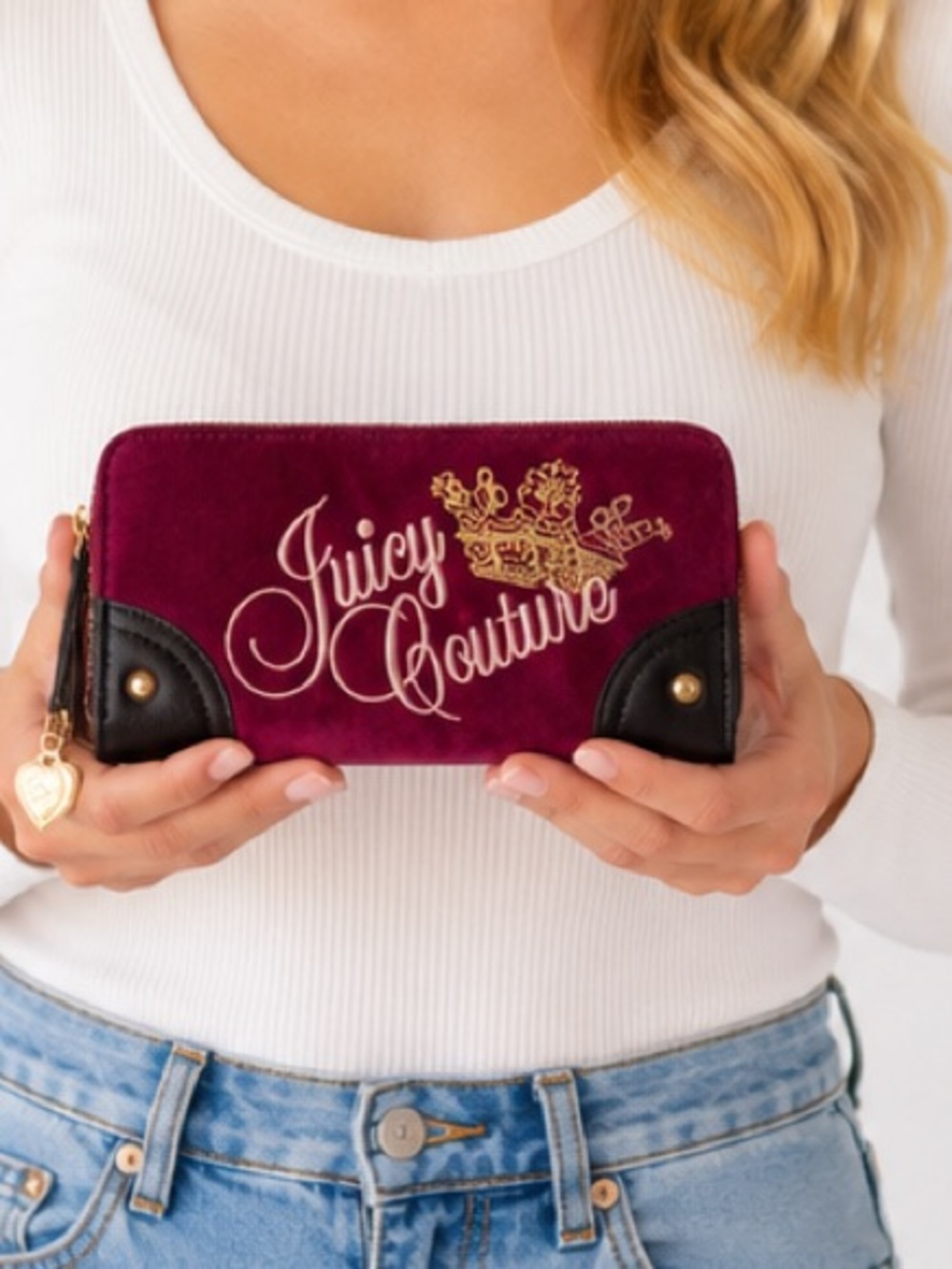Juicy Couture Magenta Velvet Zip-Around Wallet with Gold Crest